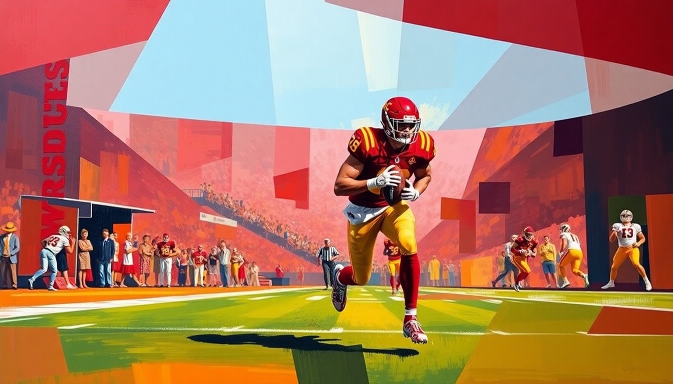 A fragmented, geometric painting depicting a USC football player in action, with sharp planes of cardinal red and gold hues conveying the sport's strategic and physical demands.