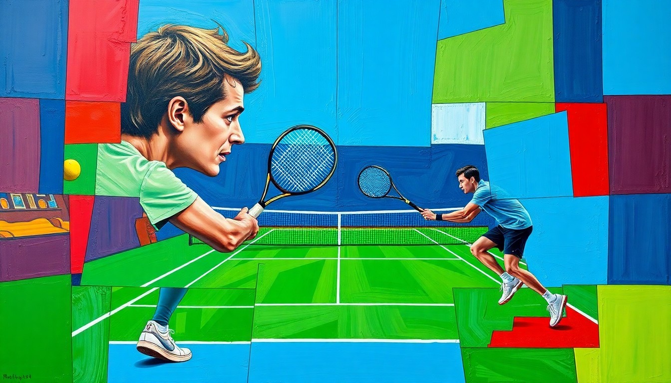 A fragmented, geometric painting depicting the dynamic movement and energy of a tennis match, with sharp planes of color and overlapping perspectives conveying the intensity of the competition.