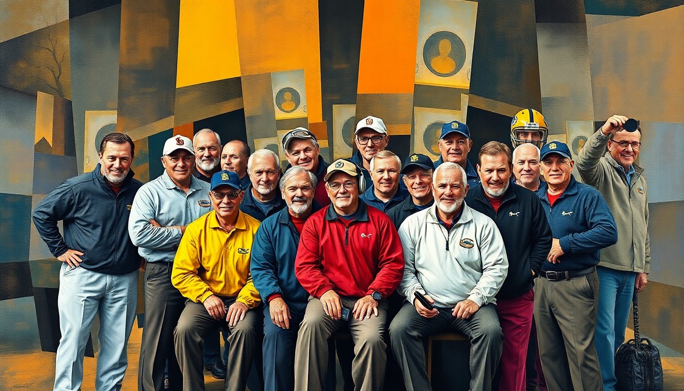 A cubist-style painting depicting a group of NFL coaches in an abstract, fragmented composition, with sharp planes of color and form representing the disjointed nature of the missed photo opportunity.