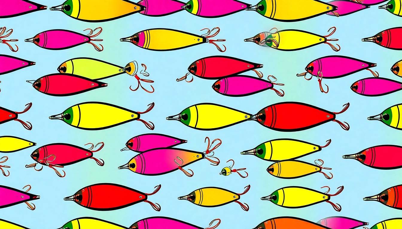 A grid of brightly colored, high-contrast silkscreen prints of a single, iconic fishing lure or bait item, such as a colorful bobber or shiny metal lure, repeated in a tight pattern to create a modern, abstract pop art representation of the essential gear for trout fishing.
