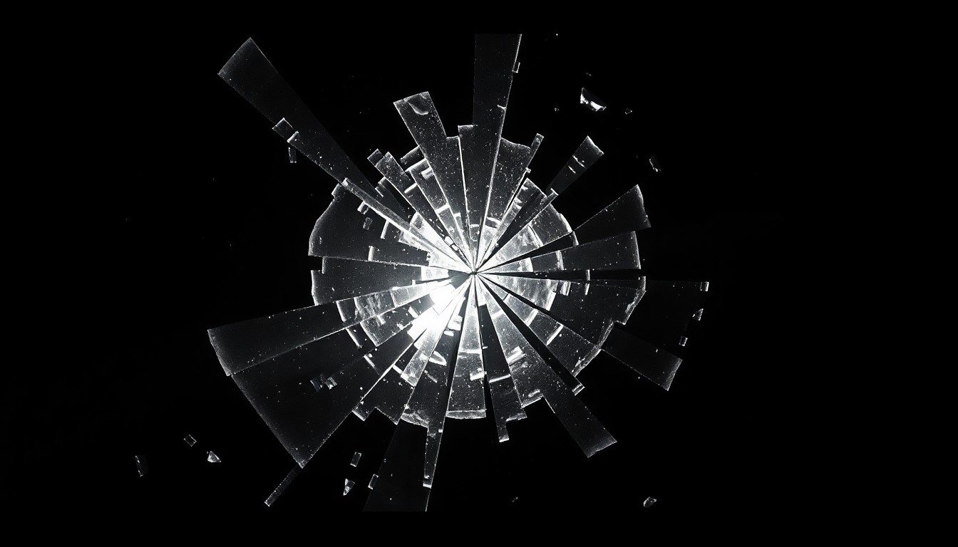 An extreme close-up photograph of a shattered glass object, such as a broken window or a damaged religious symbol, lit by a harsh, direct camera flash against a pitch-black background, conveying a sense of sudden violence and a gritty, investigative aesthetic without depicting any literal violence.