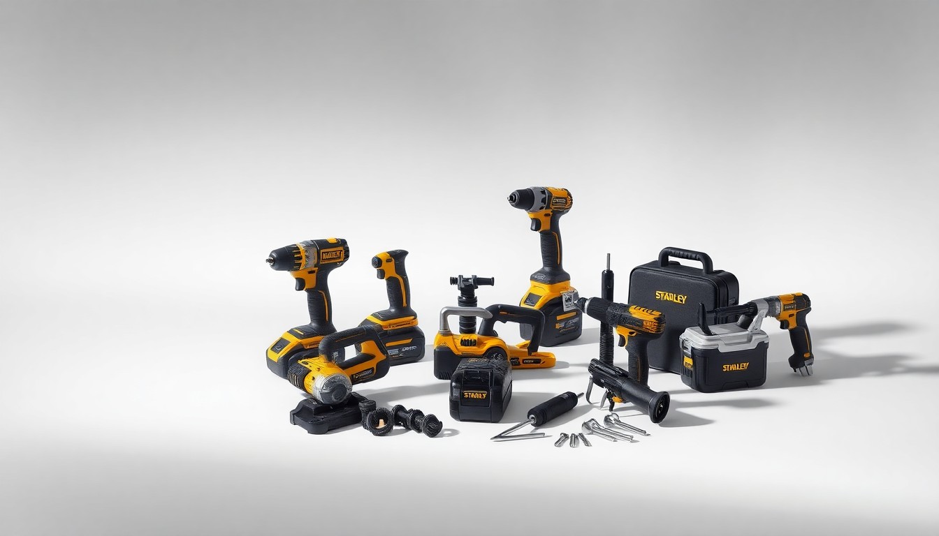 A high-end, photorealistic studio still-life photograph featuring a collection of polished, premium power tools and hardware products from Stanley Black & Decker arranged elegantly on a clean, monochromatic seamless background, conceptually representing the company's industrial expertise and manufacturing capabilities.