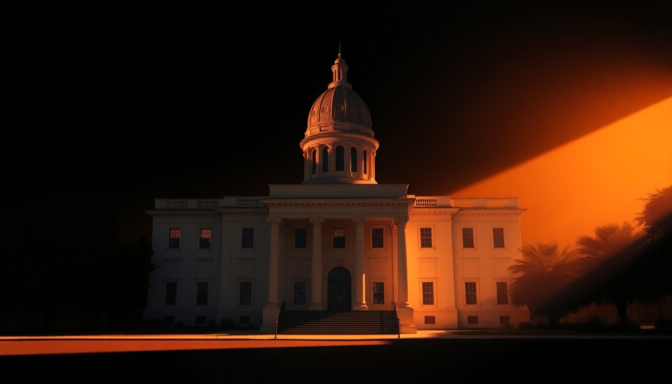 A quiet, cinematic painting of a solitary state capitol building in Tallahassee, Florida, bathed in warm, diagonal sunlight and deep shadows, conceptually representing the political dynamics between the governor and legislature.