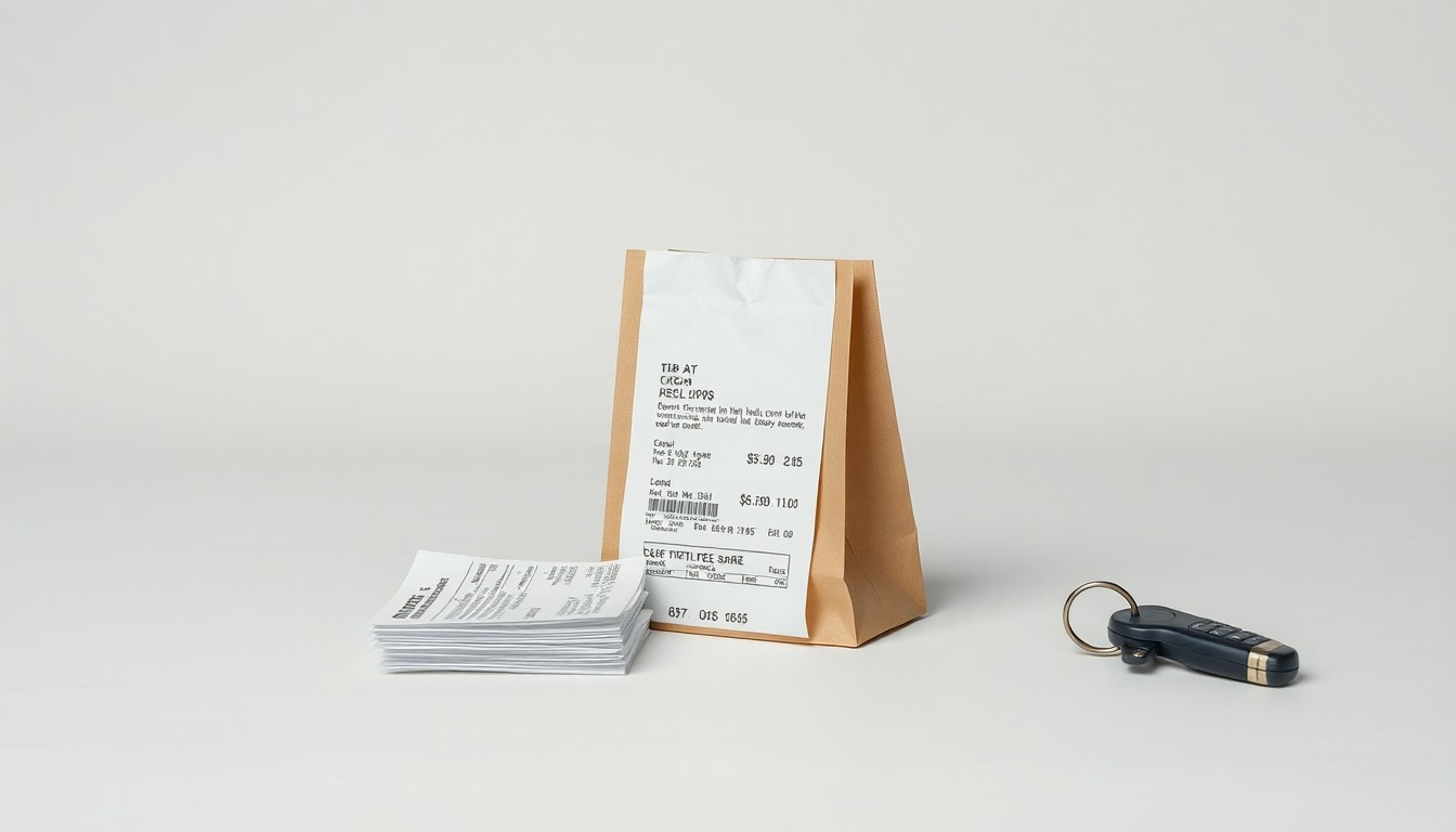 A high-end, photorealistic studio still-life photograph featuring a stack of grocery store receipts, a crumpled paper bag, and a single car key on a clean, monochromatic background, conceptually representing the abstract corporate strategy and market forces behind the store closures.
