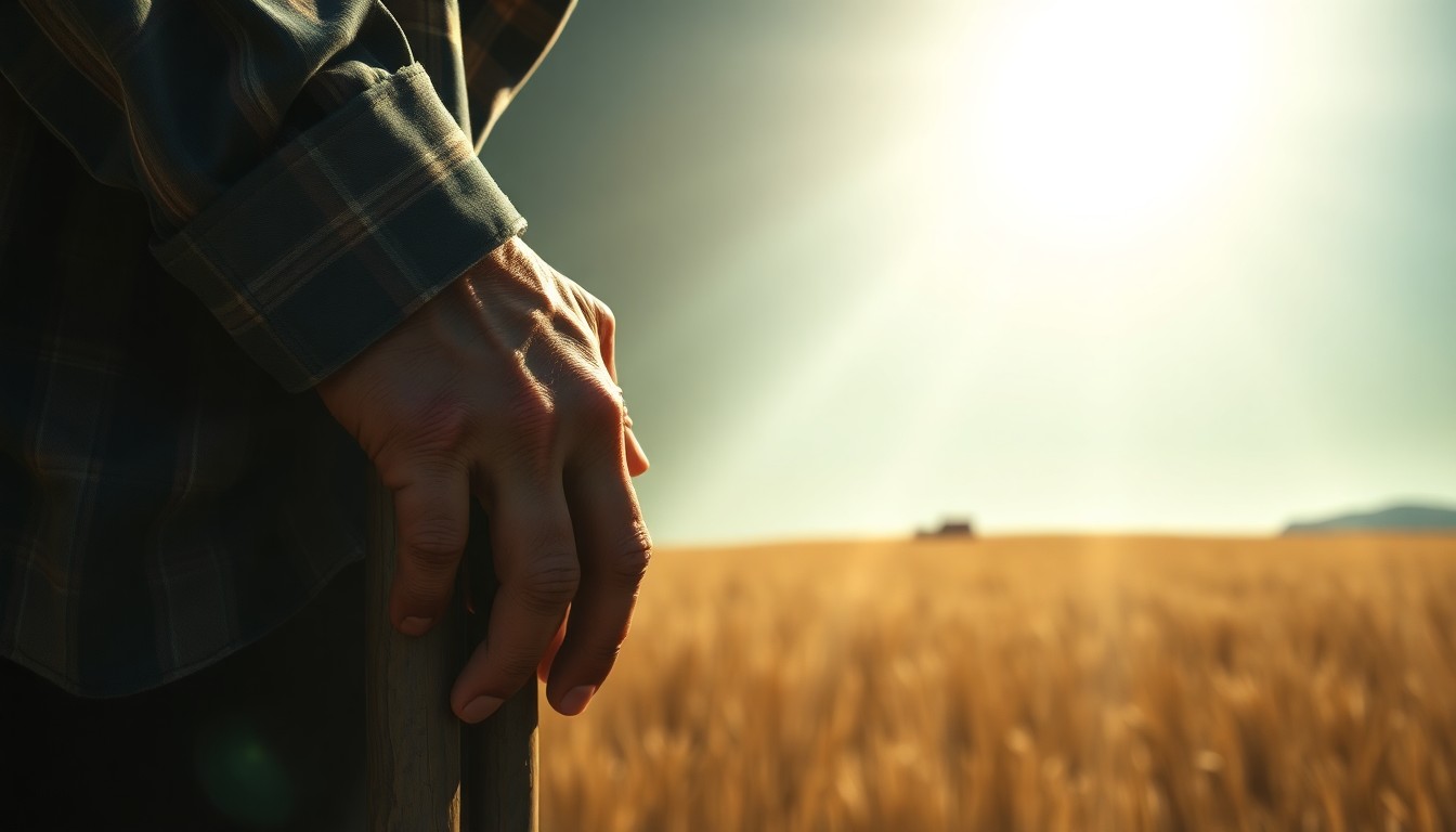 A close-up painting of a farmworker's calloused hands resting on a hoe, with the figure obscured in shadow and warm, directional sunlight, conveying the hardship and lack of visibility faced by this essential workforce.