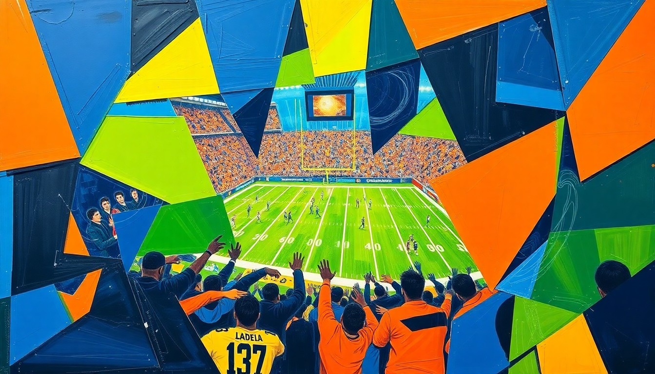A cubist, geometric painting depicting overlapping planes of a football game or celebration, with vibrant colors and abstracted shapes representing the energy and excitement of the Seahawks' Super Bowl win.
