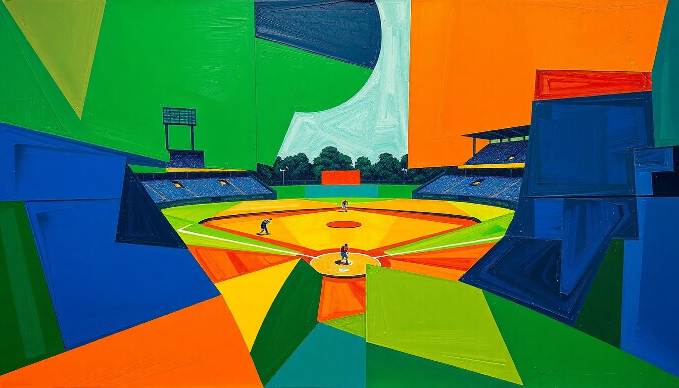 A fragmented, geometric painting depicting the dynamic movements and overlapping perspectives of a high school softball game.
