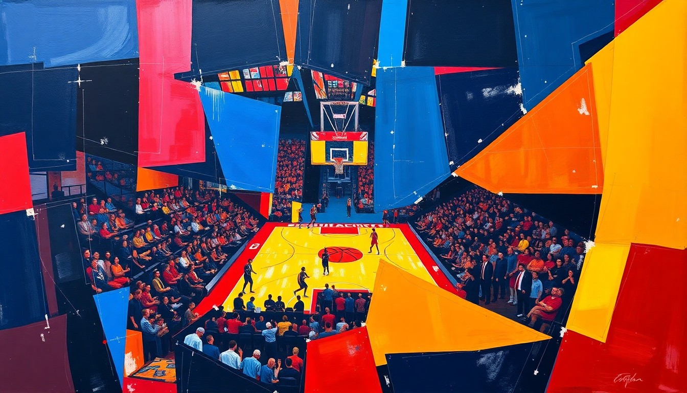 A fragmented, geometric painting in shades of blue, red, and yellow, conceptually representing the excitement and unpredictability of college basketball tournament betting.
