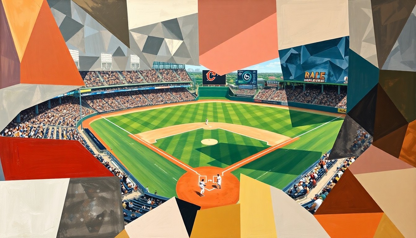 A fragmented, geometric painting depicting a baseball game in motion, with overlapping shapes and planes representing the dynamic action on the field.