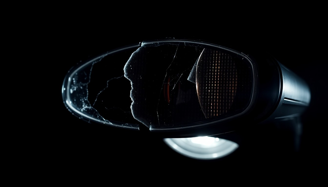 An extreme close-up photograph of a damaged bicycle reflector, its metallic surface reflecting the harsh light of the camera flash against a pitch-black background, conceptually representing the aftermath of a hit-and-run incident.