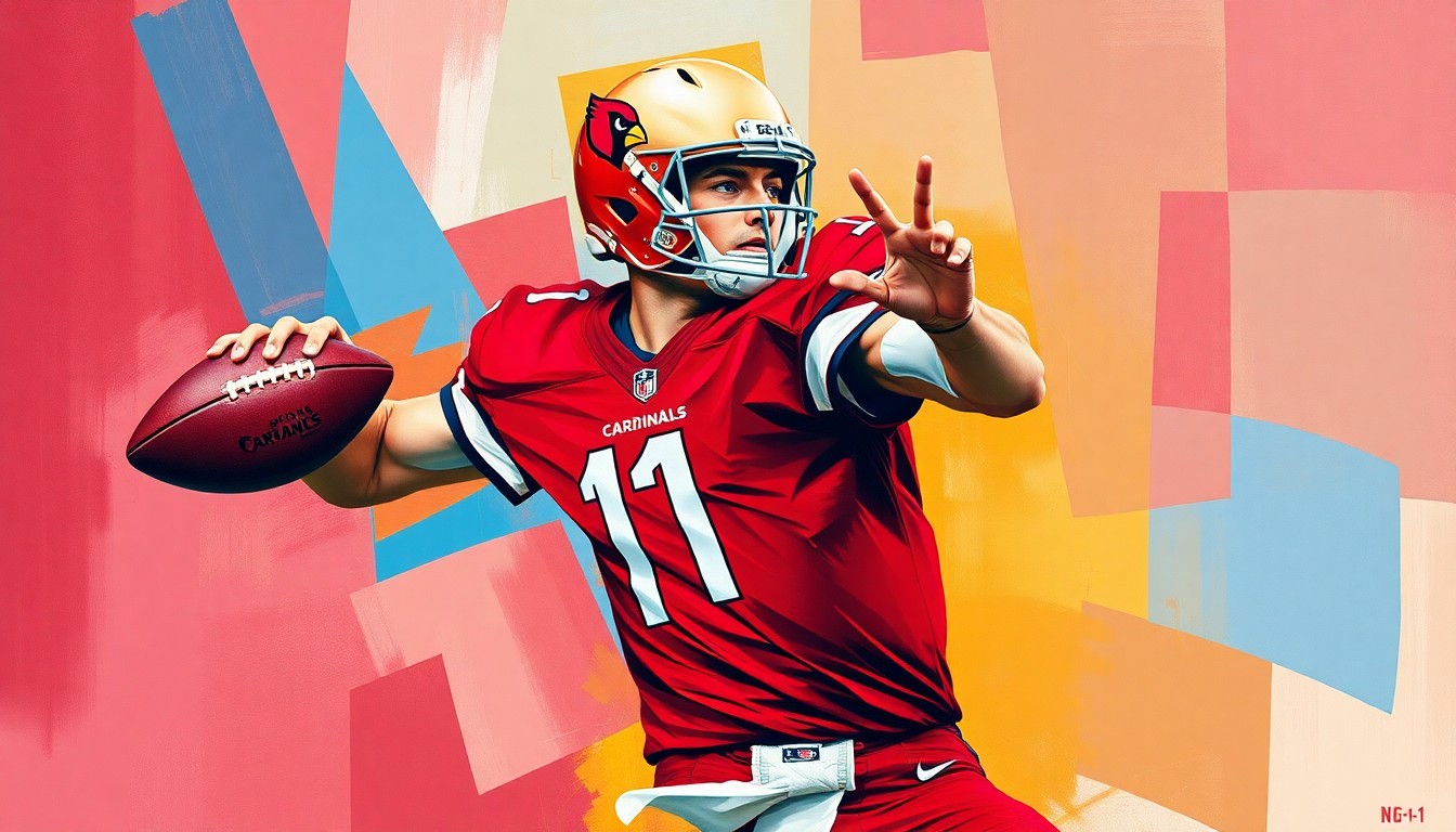 A cubist, geometric painting depicting the fractured motion of a quarterback's throwing action, with sharp planes of red, blue, and gold colors representing the Arizona Cardinals.