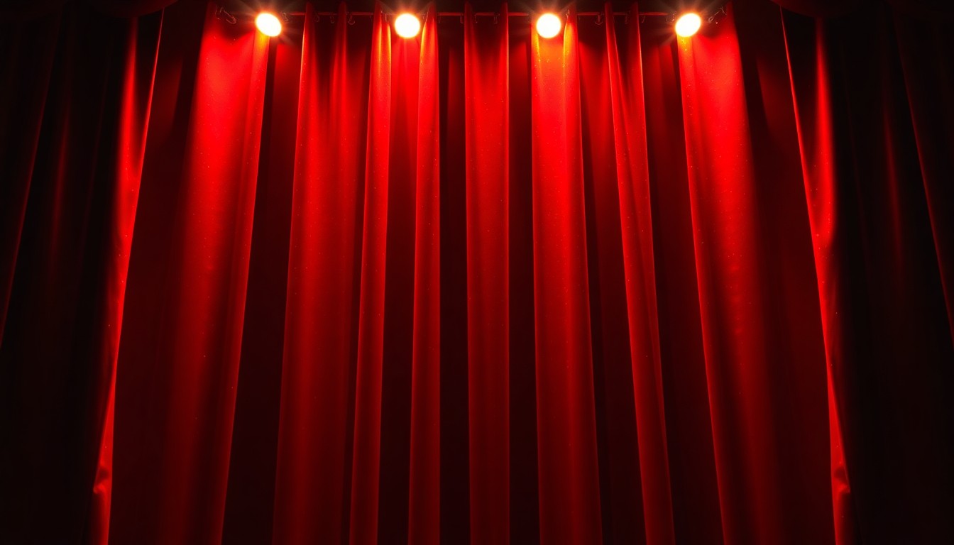 An extreme close-up photograph of a luxurious, glittering theater curtain in deep red and gold hues, capturing the anticipation and glamour of a live performance.
