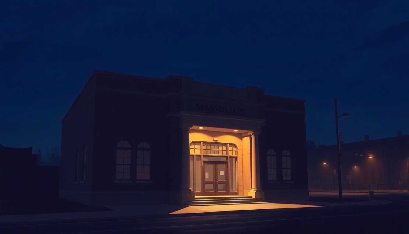 A realistic oil painting depicting the exterior of a government building in warm, golden light, with deep shadows and a sense of solitude, conveying the civic importance of the upcoming public meetings.