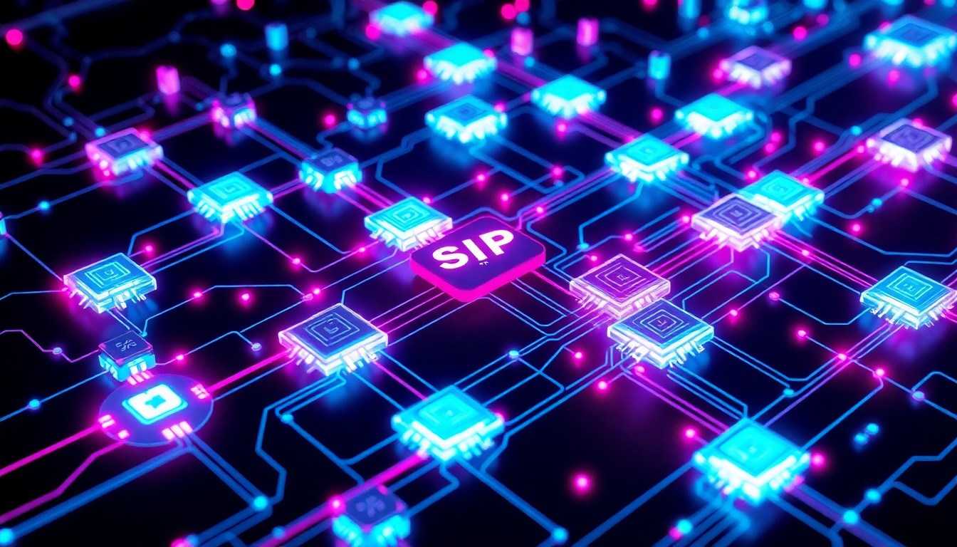 A highly detailed, glowing 3D illustration of a complex SIP signaling network, with neon cyan and magenta lights illuminating the various SIP entities and communication flows, conceptually representing the advanced testing capabilities required for modern voice and multimedia communication services.