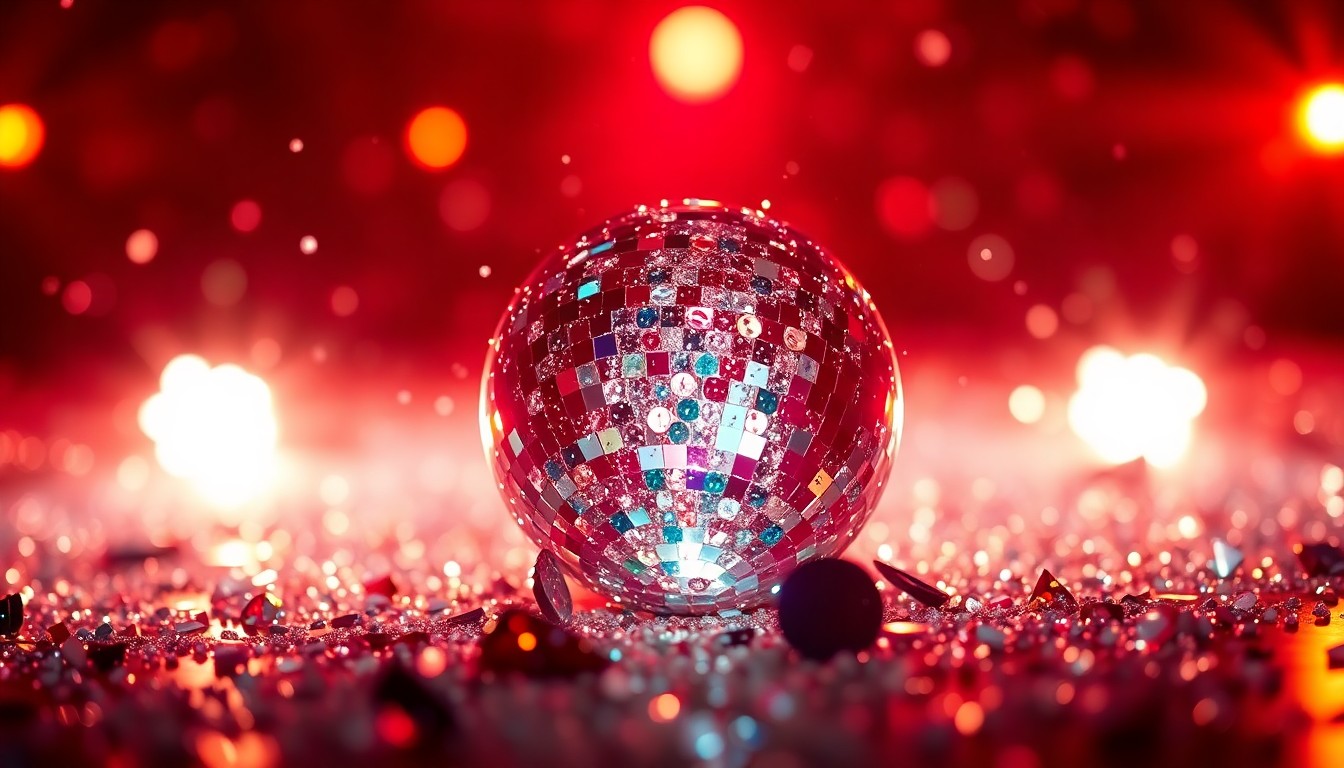 An extreme close-up photograph of shimmering sequins and shattered glass, capturing the glitz and energy of a high-profile Broadway opening night celebration.