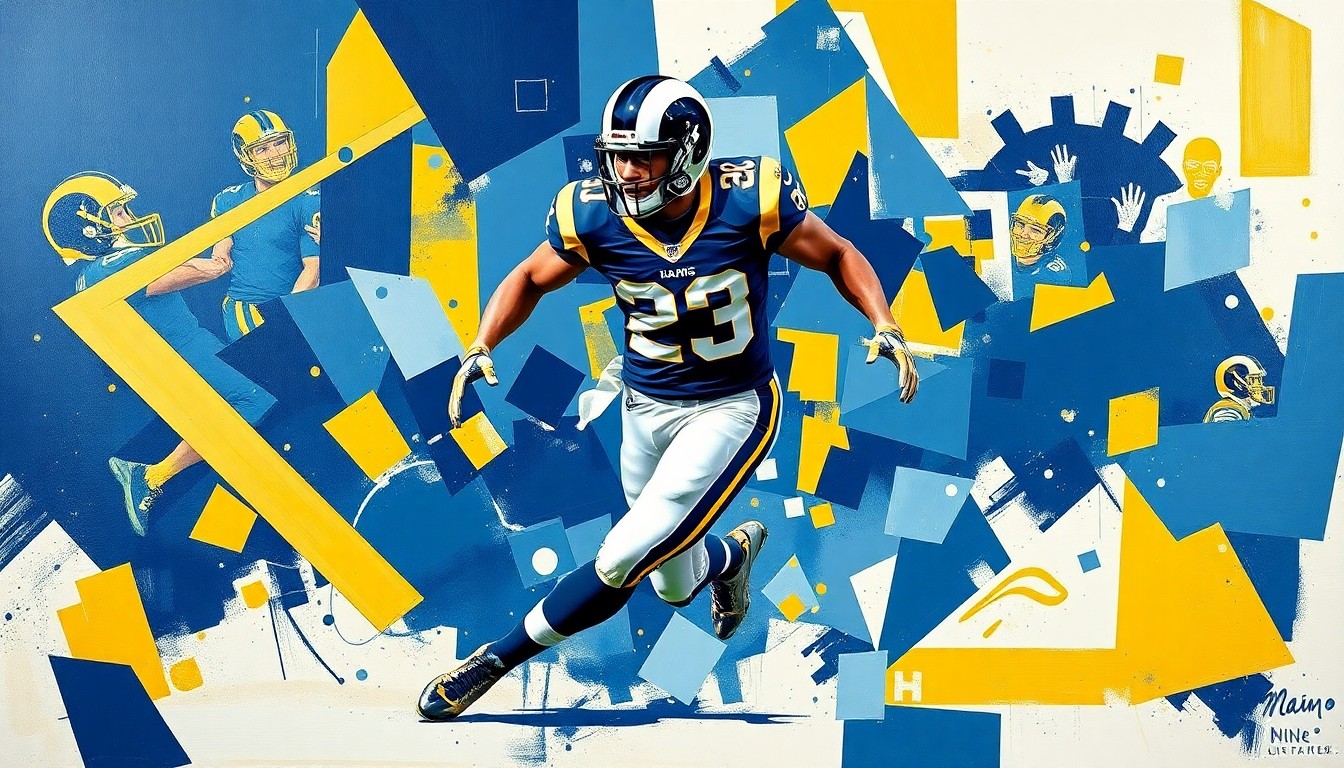 A cubist, geometric painting depicting a football player in mid-stride, broken down into overlapping planes of navy blue, gold, and white, representing the dynamic athleticism and versatility that Oregon tight end Kenyon Sadiq could bring to the Los Angeles Rams' offense.