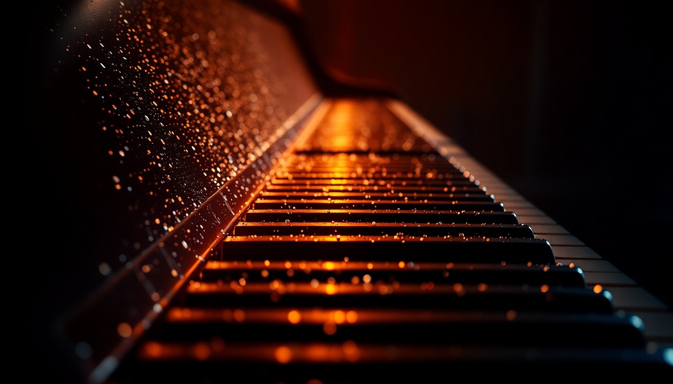 An extreme close-up of a shimmering, glittering piano keyboard captured in dramatic, high-contrast studio lighting, conveying the luxurious, high-fashion aesthetic of a jazz performance.