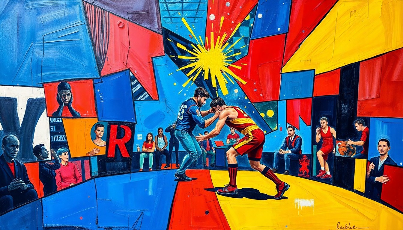 A fragmented, geometric painting in bold colors depicting the action and movement of a wrestling match or competition, conveying the conceptual tension around WWE's promotional strategies.