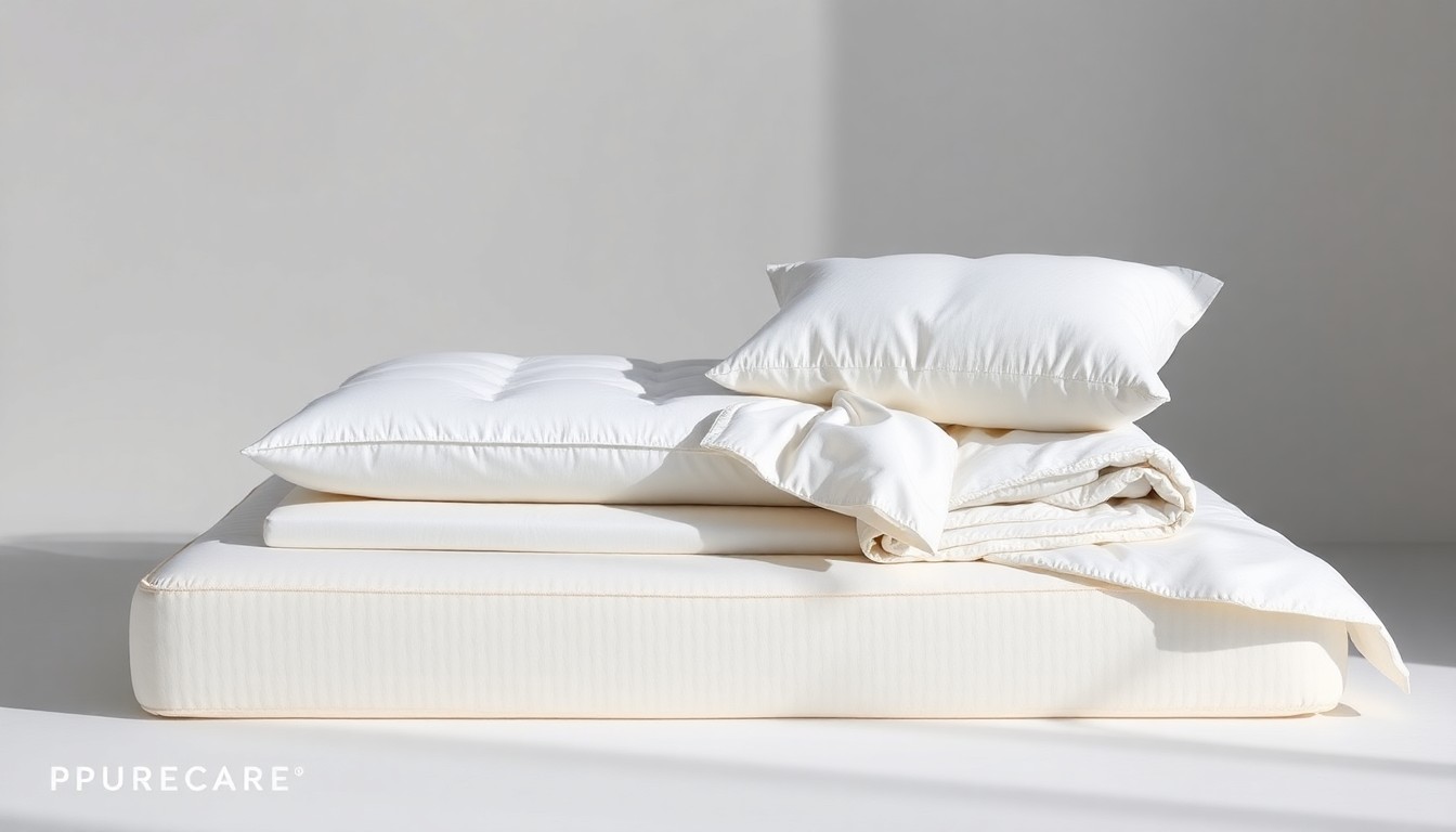 A high-end, photorealistic studio still-life photograph featuring a collection of premium sleep accessories products from Purecare, including a plush mattress topper, a silk pillowcase, and a natural fiber comforter, arranged elegantly on a clean, monochromatic seamless background with sharp, dramatic studio lighting and deep shadows.