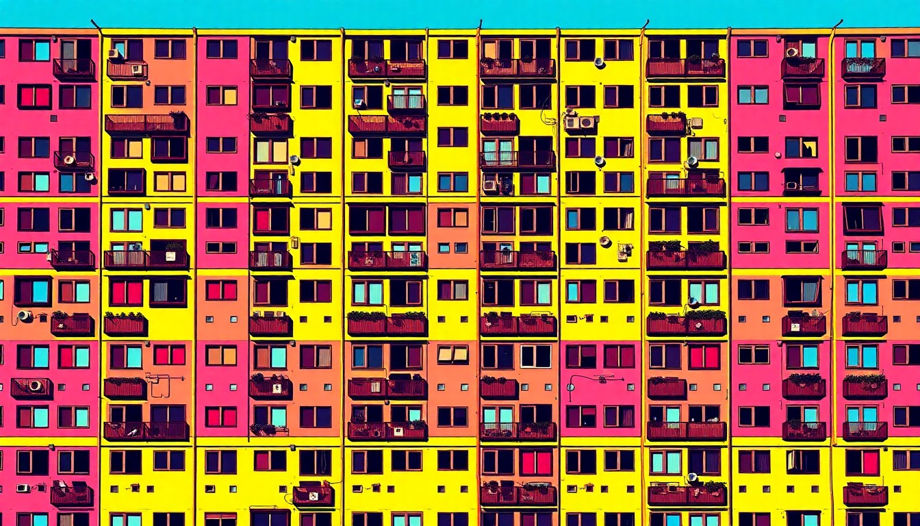 A vibrant, abstract silkscreen-style illustration featuring a repeated icon of an apartment building or housing complex in a grid of bright, neon-like colors, conceptually representing the idea of affordable workforce housing.