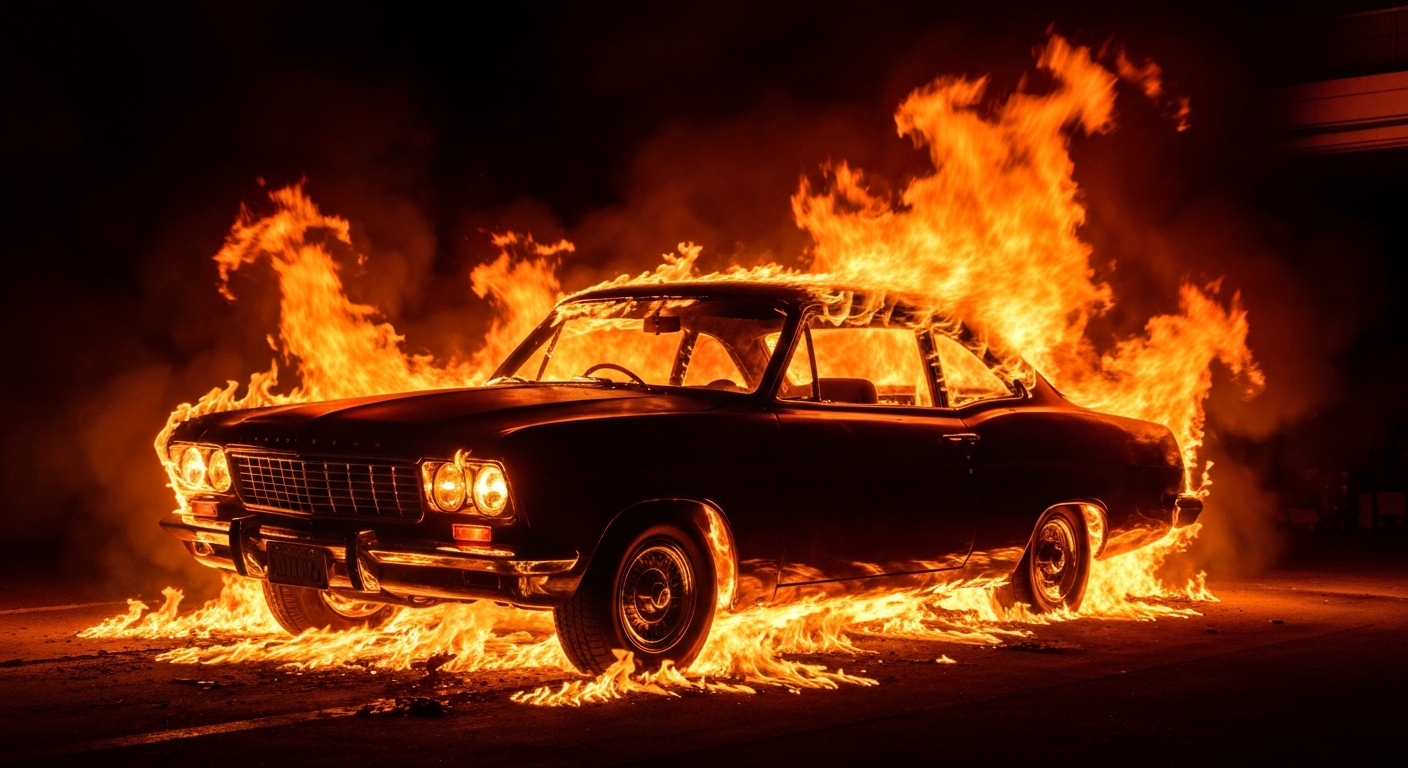 Apstraktna, sveobuhvatna slika klasičnog automobila proguta jarko narančastim i crvenim plamenom, prenoseći kaos i uništenje požara u garaži kroz zamućenje pokreta u stilu Ernsta Haasa.