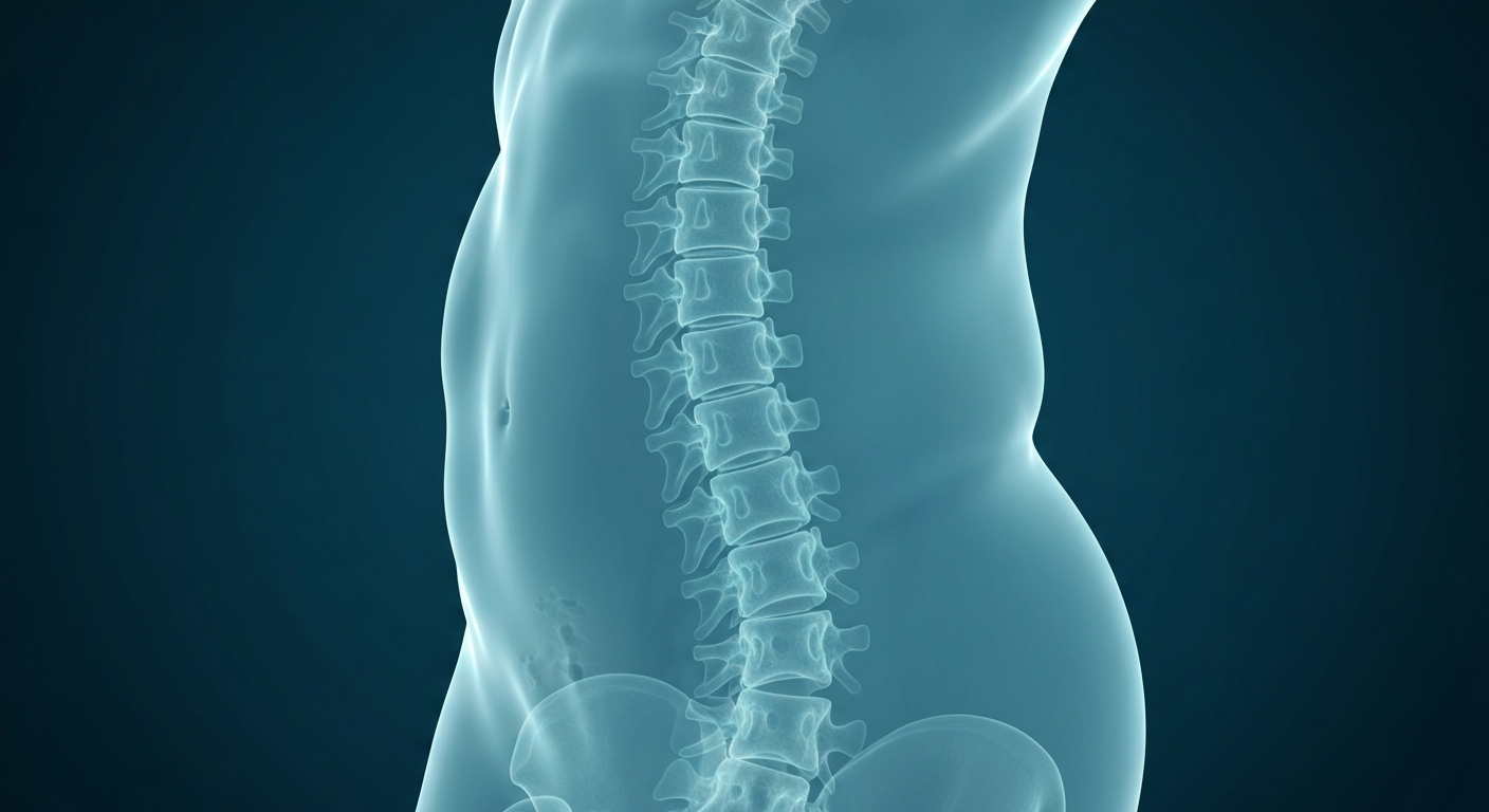 A ghostly, translucent X-ray photograph of a human spine, revealing the intricate structure and interconnectedness of the vertebrae, discs, and nerves.