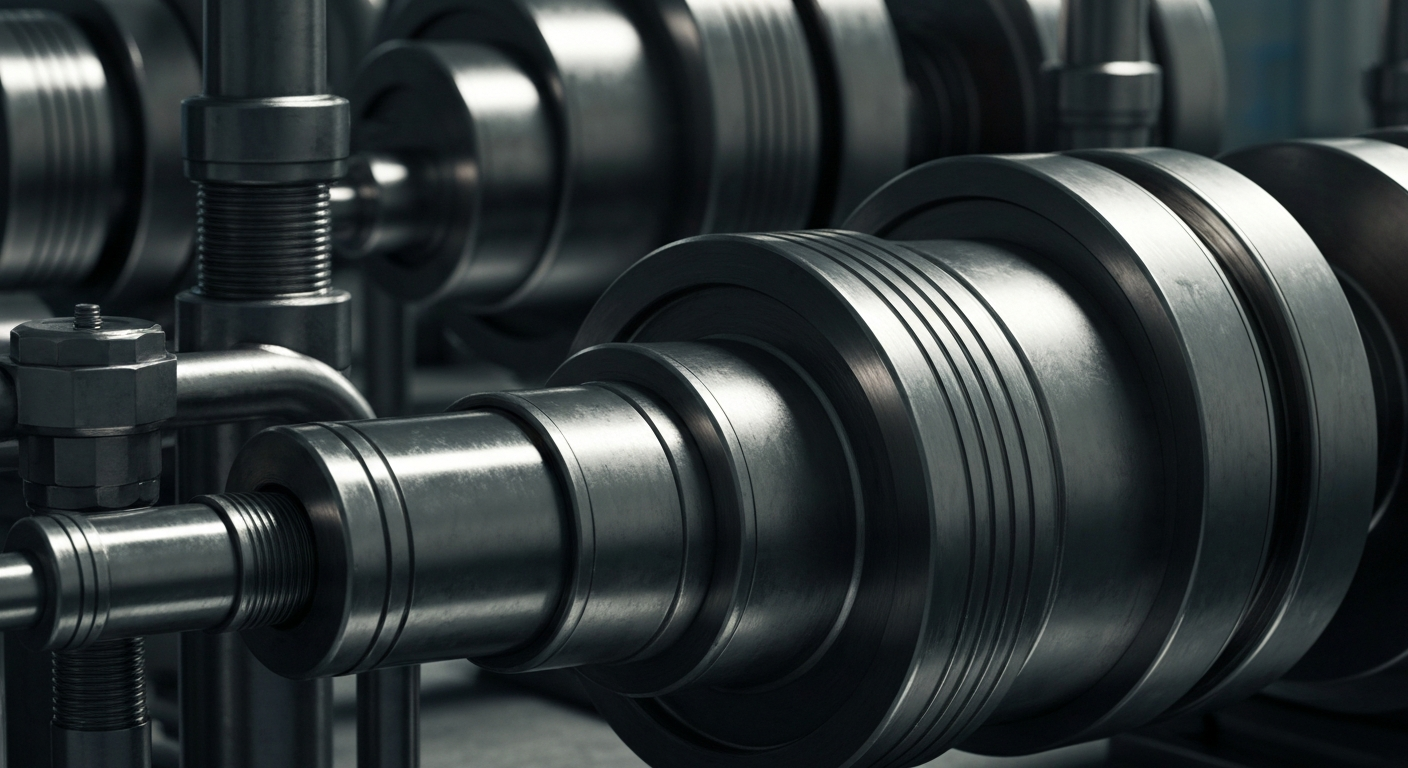 A highly detailed, cinematic close-up image of complex, heavy industrial machinery and equipment, representing the tangible financial infrastructure and security of the energy sector.