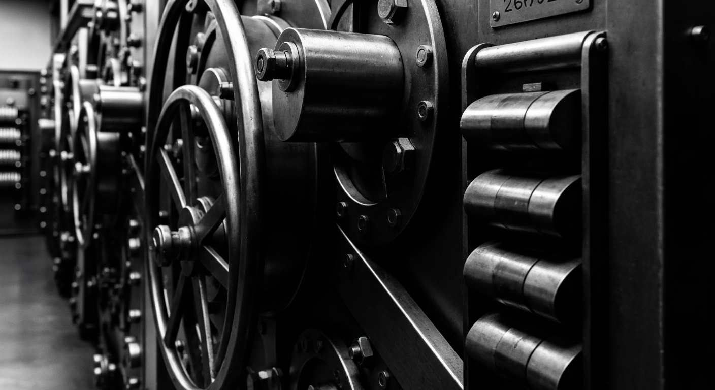 An extreme close-up of various banking equipment and machinery, such as vault doors, cash counters, and security systems, rendered in a high-contrast, industrial style that conveys the strength and stability of financial institutions.