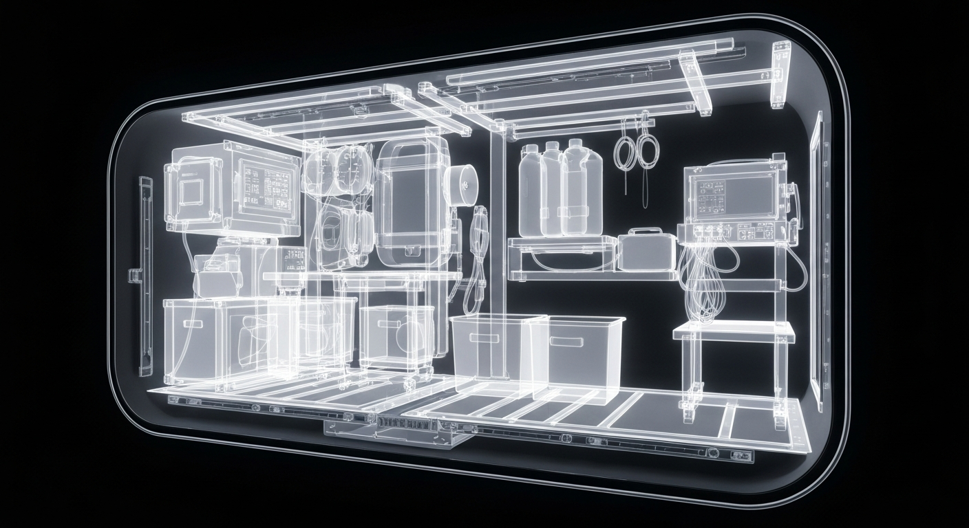 A ghostly, translucent X-ray photograph revealing the intricate internal components and structures of an air transportable medical clinic, conceptually illustrating its ability to provide care in austere conditions.