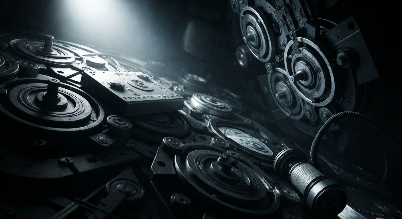 An extreme close-up of intricate financial data displays and machinery, conceptually representing the democratization of advanced market analytics.