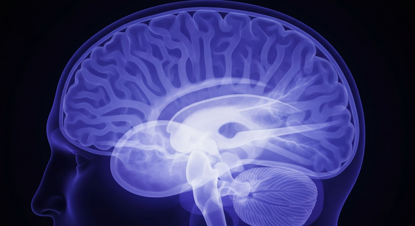 A ghostly, translucent X-ray photograph revealing the intricate internal structure of a human brain in shades of blue and purple, conceptually representing the complex nature of mental health and the need for compassionate crisis response.