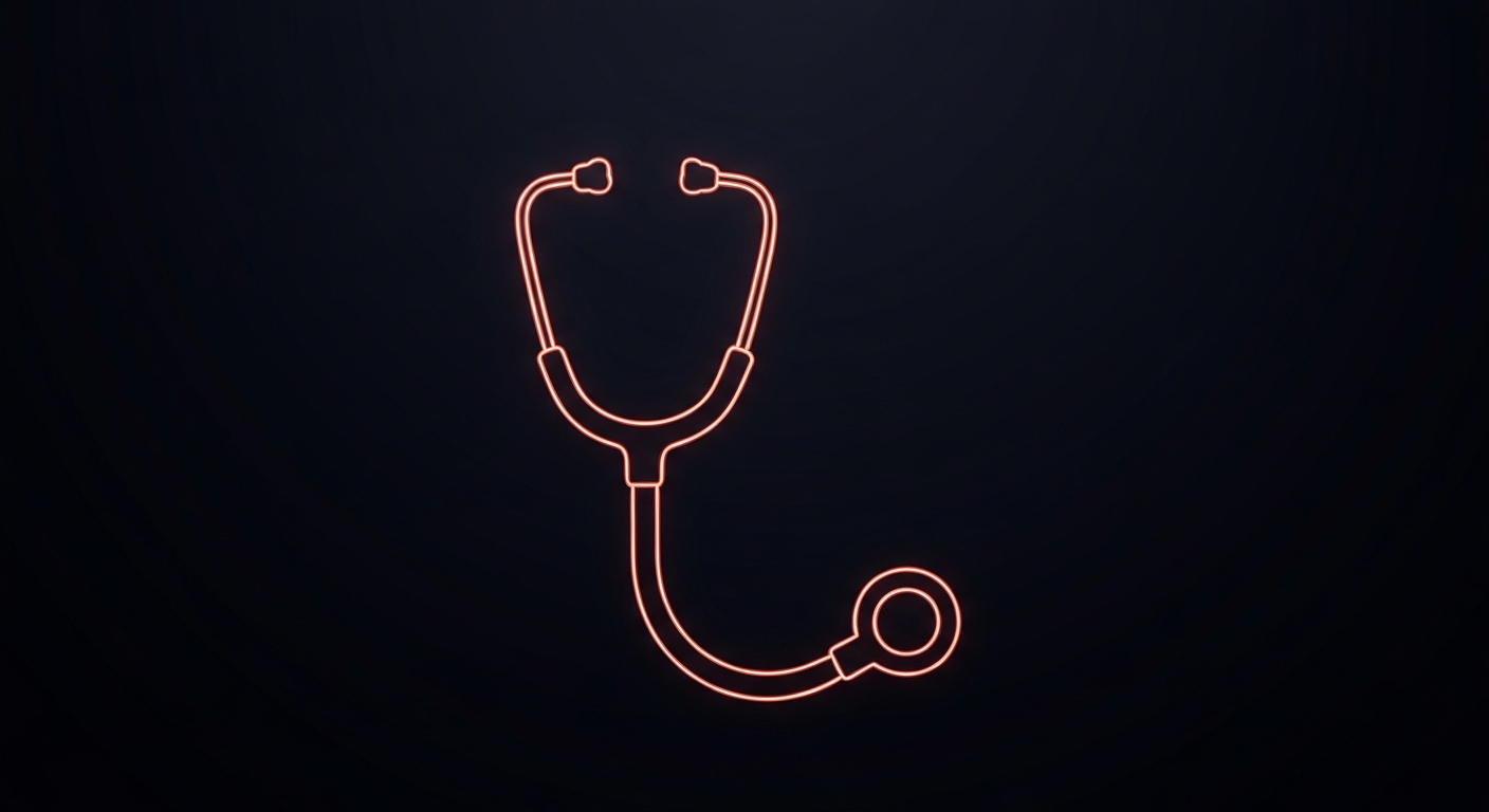 A minimalist design in the style of Keith Haring where a nurse practitioner's stethoscope is defined entirely by vibrant neon lines against a dark background, emphasizing the shape and energy of the medical instrument.