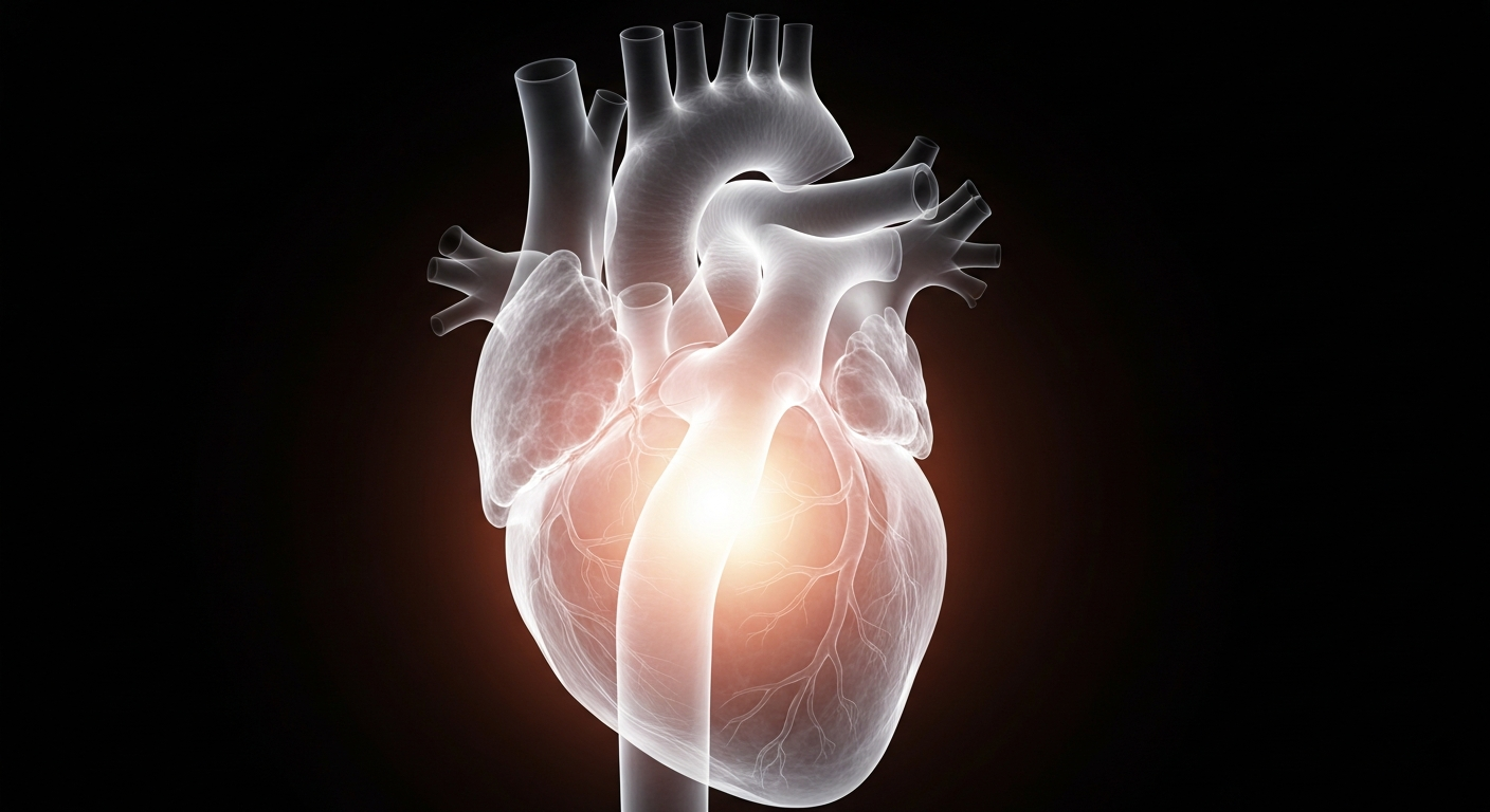 A detailed, ghostly X-ray image of a human heart, its intricate structures and vessels glowing against a dark background, conveying the medical expertise required for heart surgery.