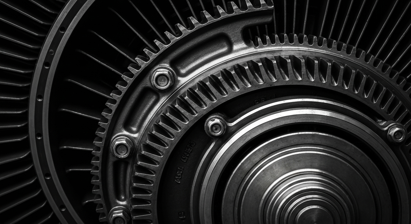 An extreme close-up of the intricate metal gears and components of an aircraft engine, rendered in dramatic chiaroscuro lighting to convey a sense of the precision engineering and craftsmanship involved in aircraft maintenance.