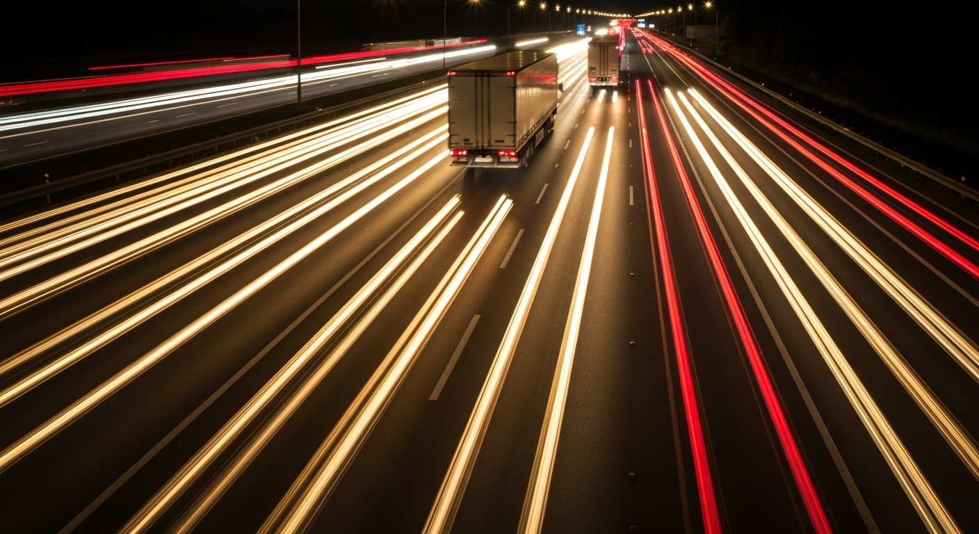 A blurred, abstract image of cars and trucks moving at high speed on a nighttime highway, with streaks of colorful lights creating a sense of motion and energy.