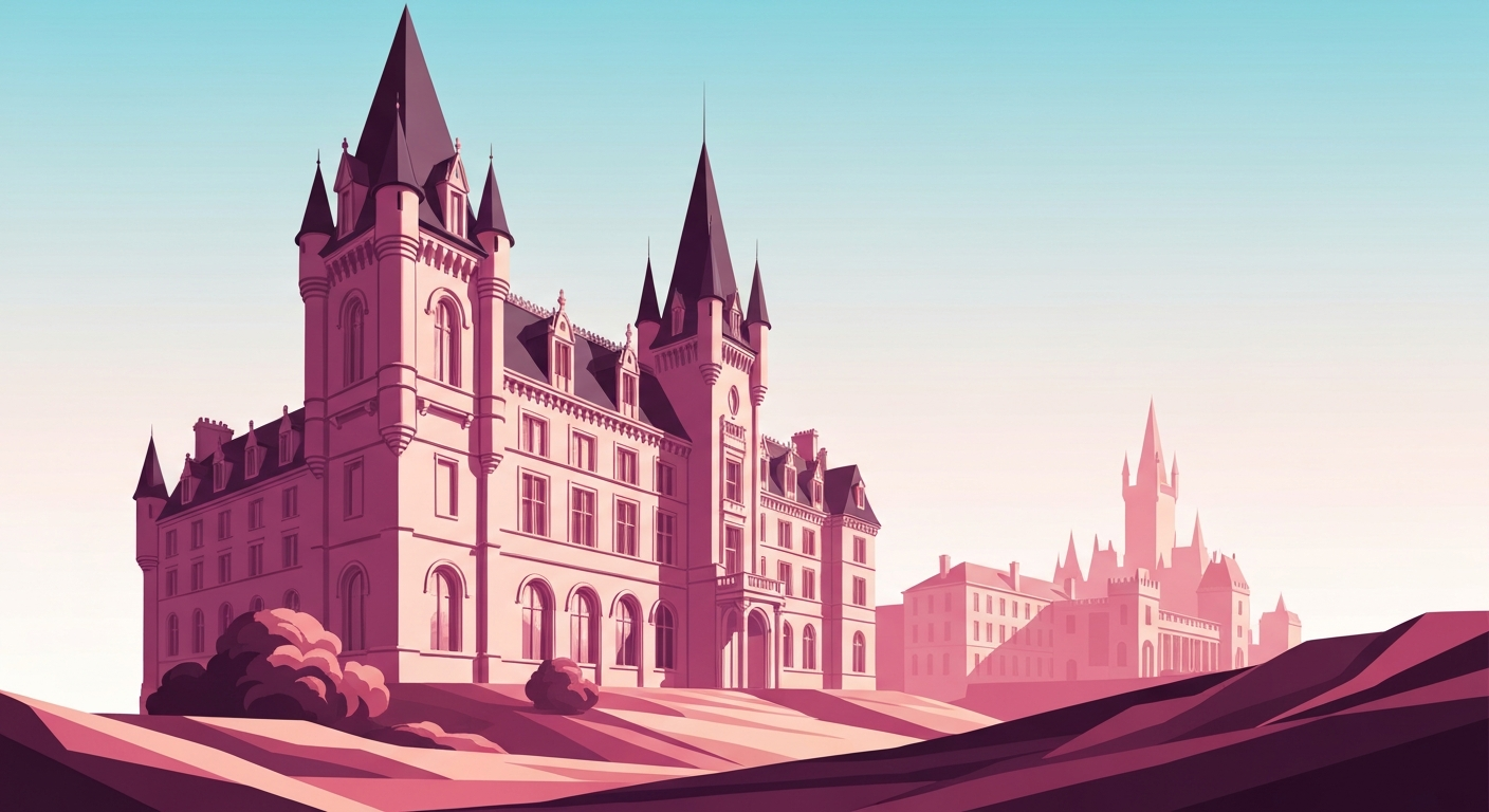 A bold, geometric illustration depicting the sweeping, castle-inspired architecture of the Framingham Hotel Collection, rendered in smooth, airbrushed gradients of warm earth tones and cool blues, capturing the grand scale and romantic spirit of the newly transformed property.