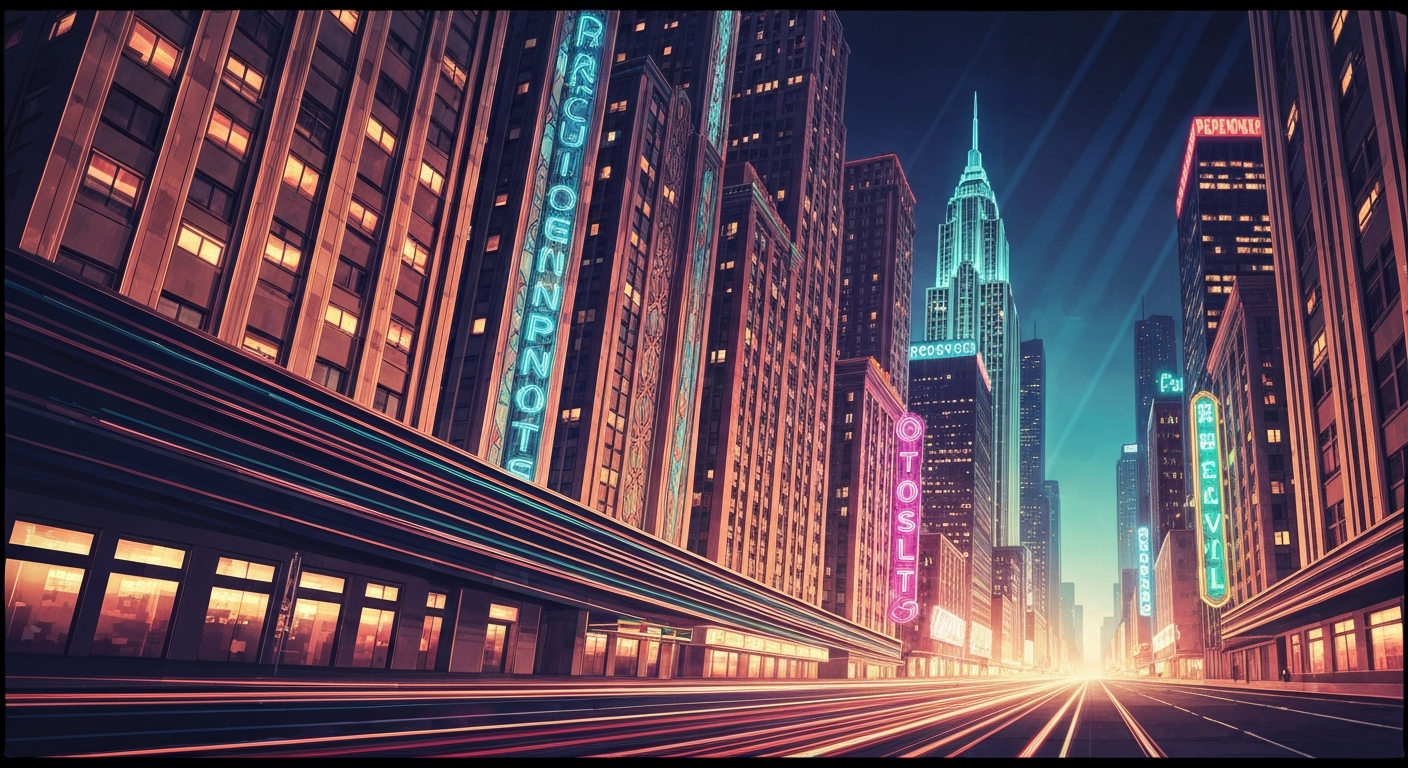 A highly stylized, geometric Art Deco-inspired illustration depicting the sweeping landscapes, architectural landmarks, and recreational amenities of Janesville, Wisconsin, rendered in a bold, streamlined visual style without any text or identifiable elements.