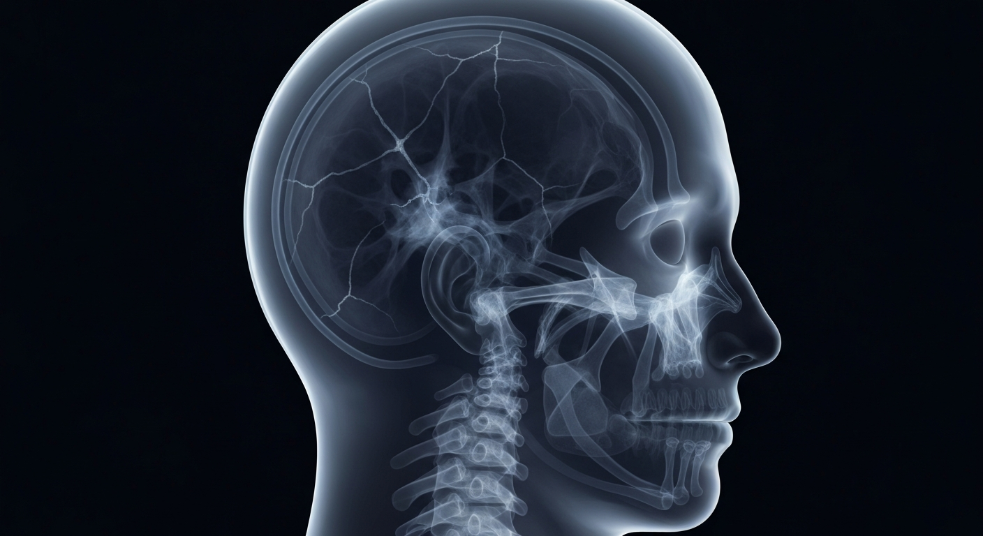 A translucent X-ray photograph showing the internal structure of a human head, with visible cracks and fractures, conceptually representing the medical consequences of immigrants avoiding healthcare due to fears of deportation.