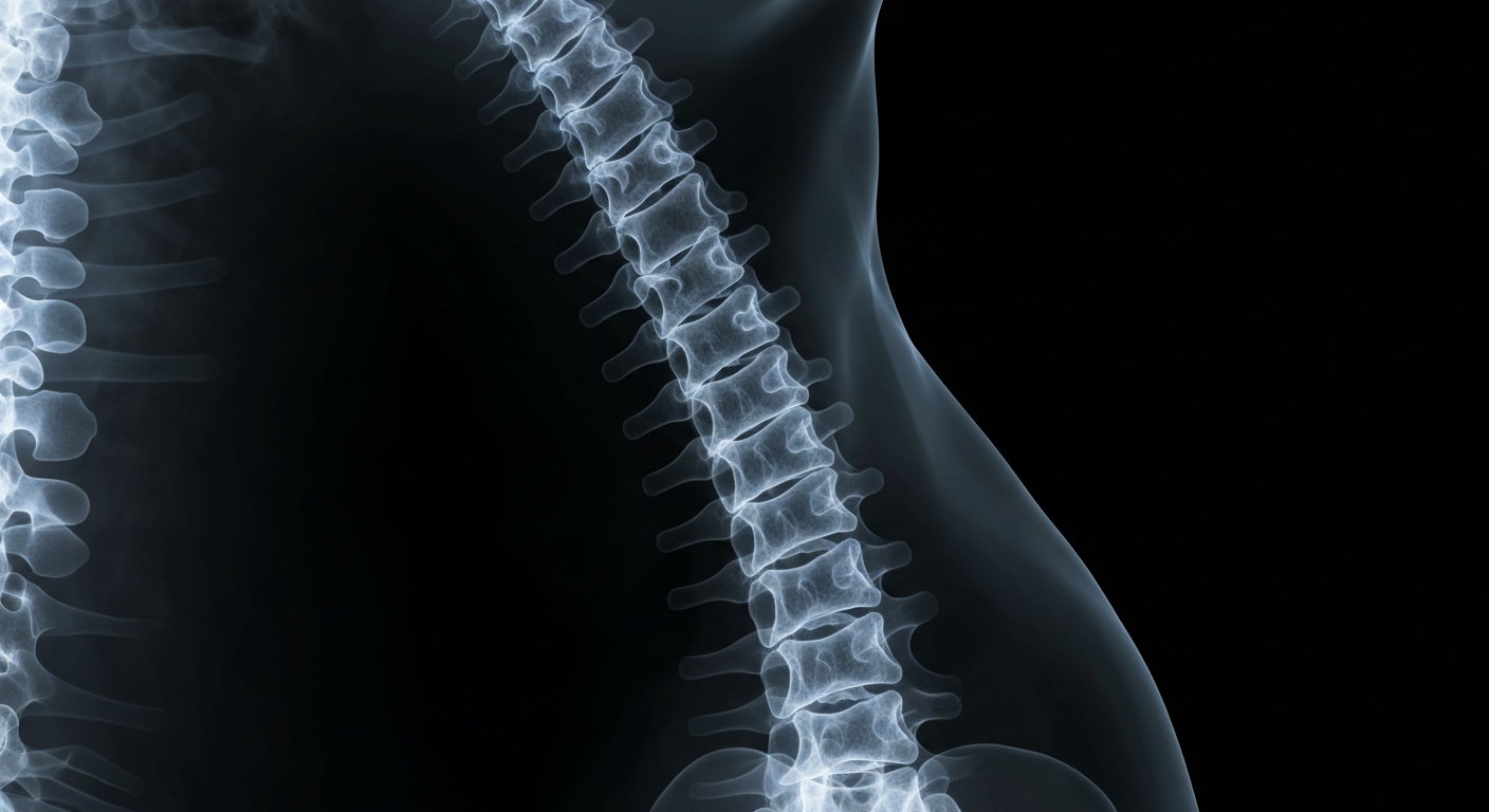 An extreme close-up X-ray image revealing the intricate bone and tissue structure of a human spine, conceptually illustrating the targeted treatment approach of Rhino Chiropractic's new cold laser therapy.