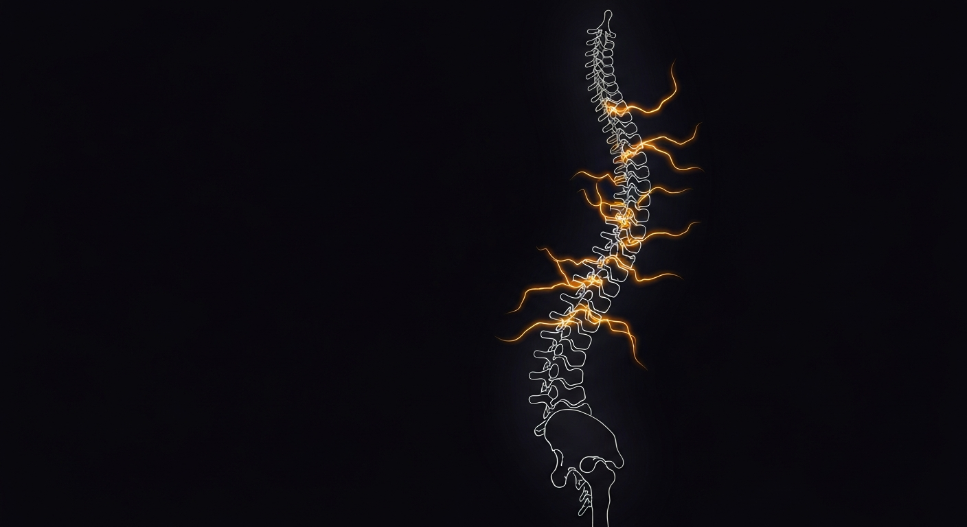 A minimalist design in the style of Keith Haring where the spine is defined entirely by glowing, vibrant neon lines against a deep, dark background, emphasizing the shape and electrical energy of the nervous system.