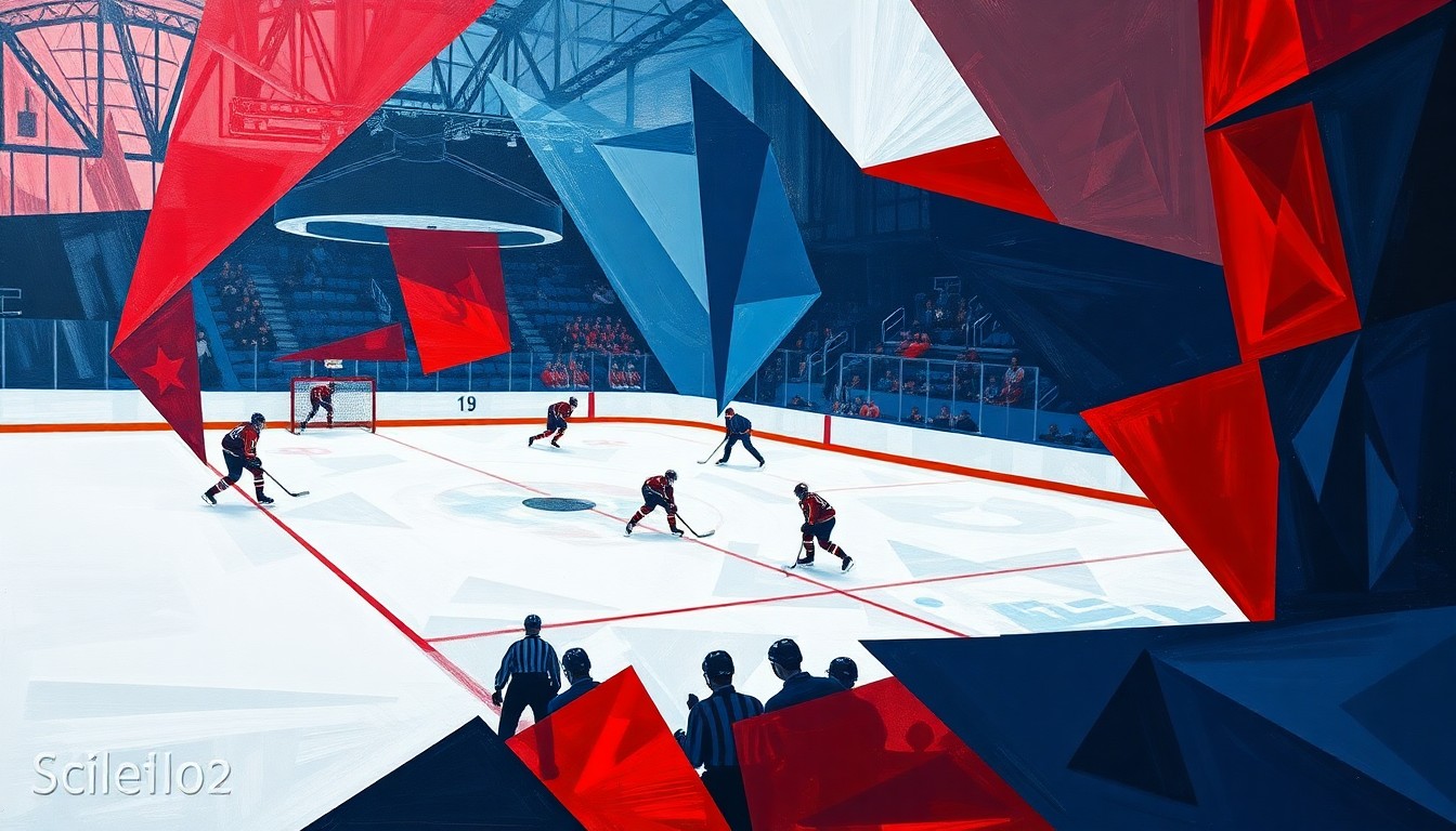 A cubist, geometric painting depicting a fragmented hockey game, with sharp planes of navy, red, and silver representing the strategic complexities of NHL roster management under a new playoff salary cap.