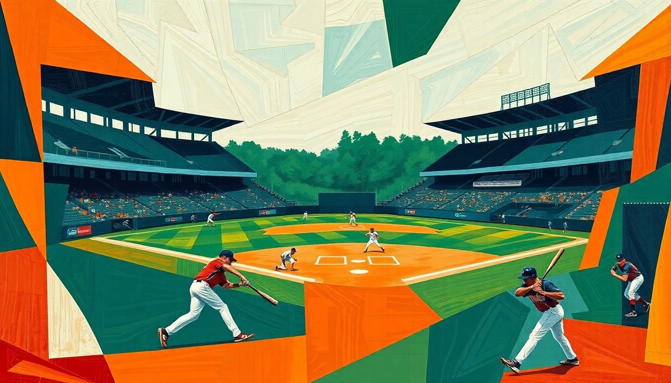 A fractured, cubist-style painting depicting the dynamic movements and energy of a college baseball game, with players and the field of play broken down into sharp, overlapping geometric shapes in a vibrant color palette.