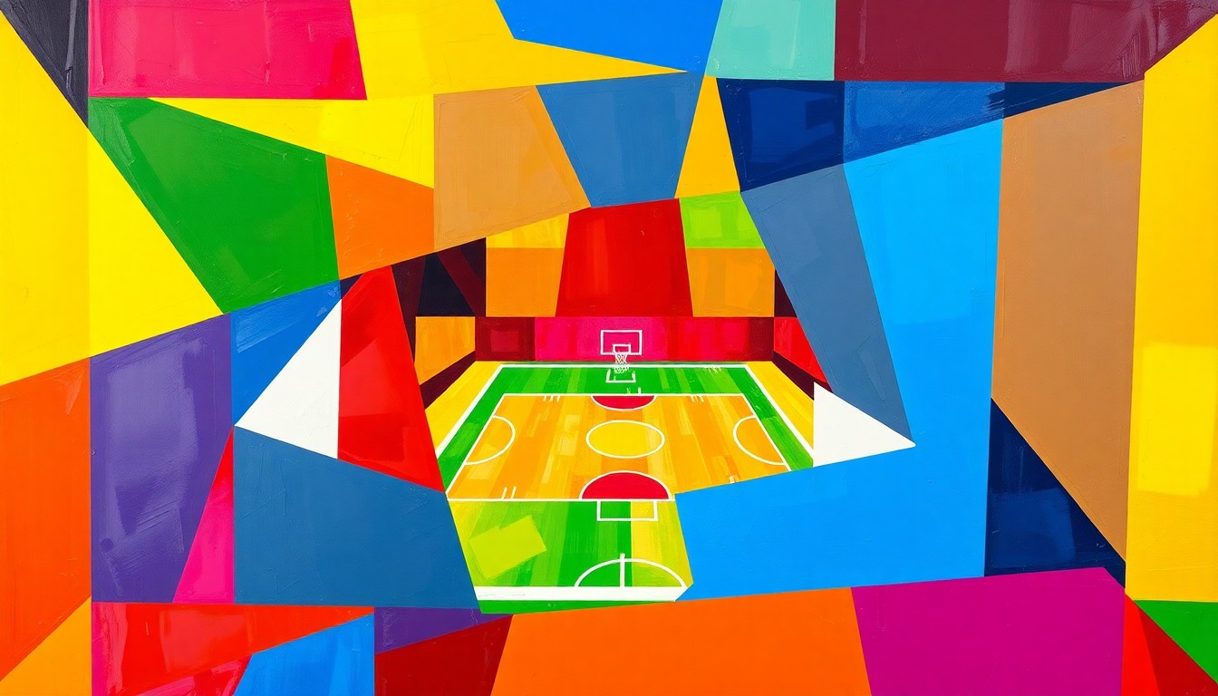 A cubist-style painting featuring sharp, overlapping geometric shapes in the official colors of the competing teams, conveying the energy and competition of a high-stakes regional sports tournament.
