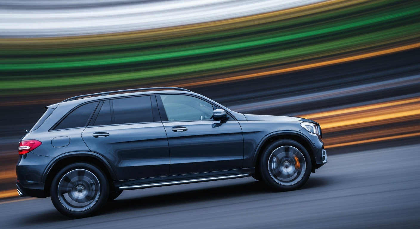 An abstract, blurred image of a Mercedes-Benz SUV in motion, with streaks of vibrant colors representing the speed and energy of the vehicle.