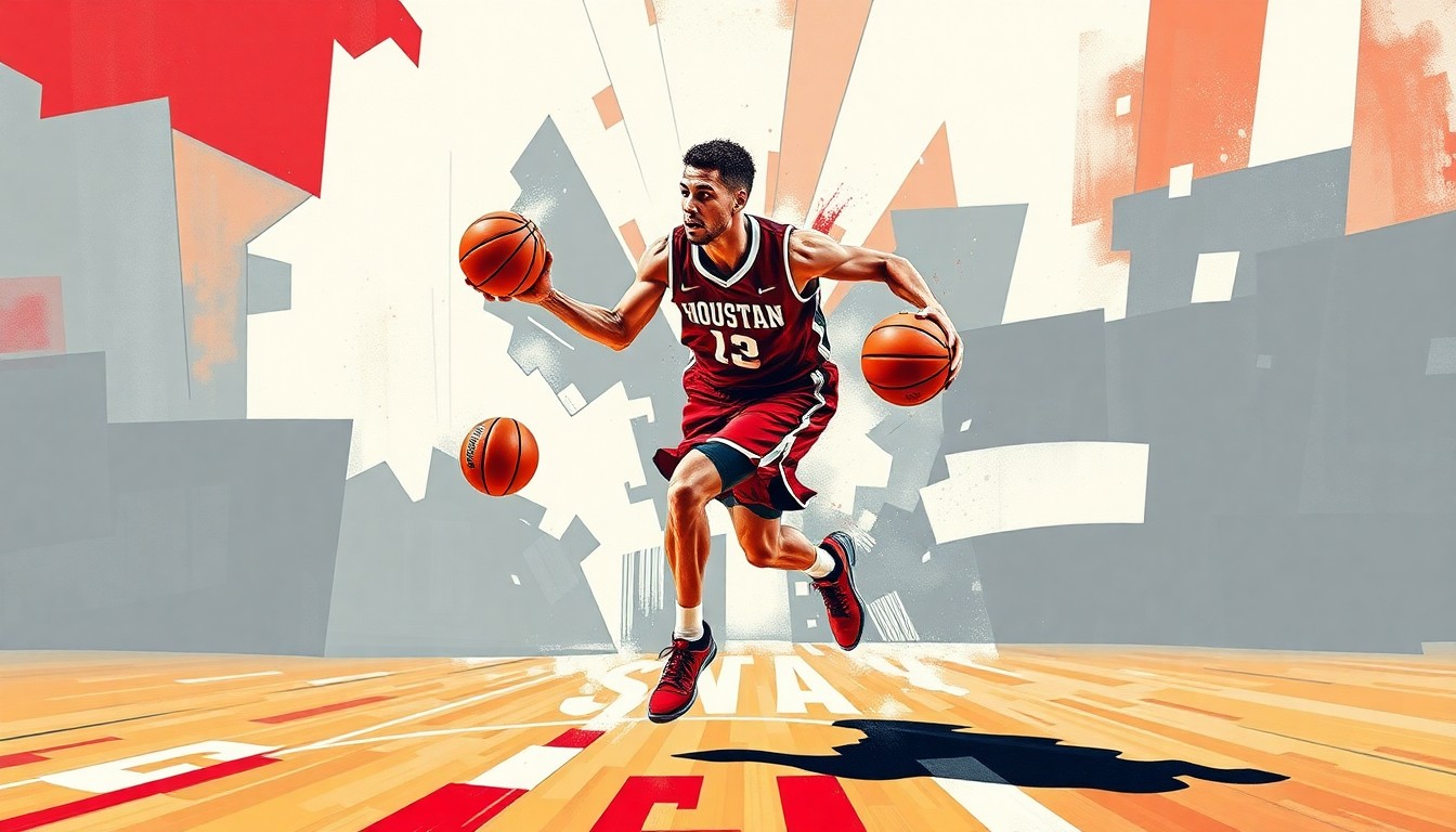 A fragmented, cubist-style painting depicting a college basketball player dribbling the ball, with the figure broken down into sharp, overlapping geometric shapes in the Cougars' team colors of red, grey, and white.