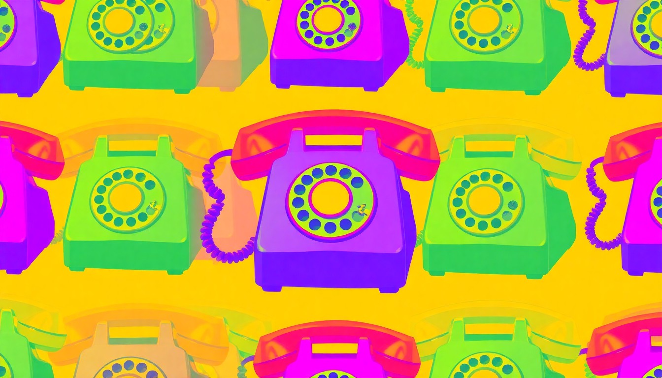 A vibrant, high-contrast silkscreen print featuring a vintage rotary phone repeated in a grid pattern, capturing the retro charm and artistic flair of Amelie Zilber's apartment decor.