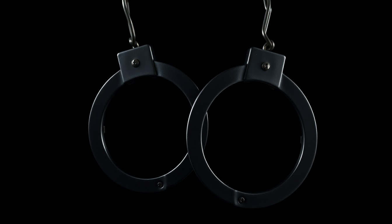 An extreme close-up photograph of a pair of handcuffs against a pitch-black background, creating a stark, gritty, investigative aesthetic that conceptually represents the gravity of crimes against children.