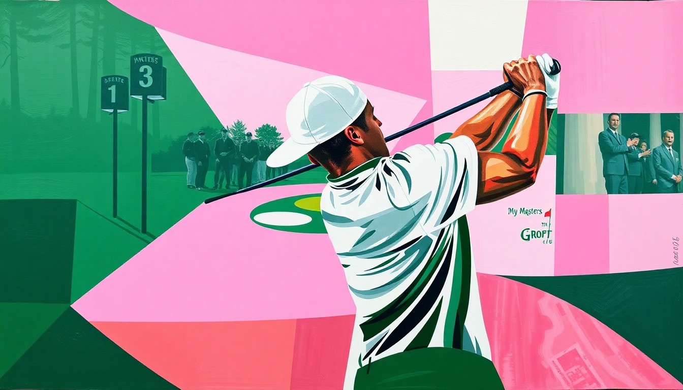 A cubist, geometric painting depicting a golfer's swing and the iconic Augusta National course, rendered in shades of green, pink, and white to capture the energy and drama of the Masters Tournament.