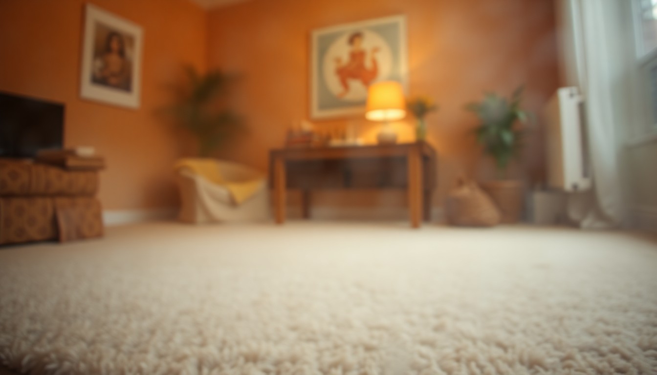 An extremely blurred, impressionistic image of a cozy, warm-toned interior with a plush, textured carpet in the foreground, conveying the concept of a professional carpet cleaning service restoring carpets after the winter months.