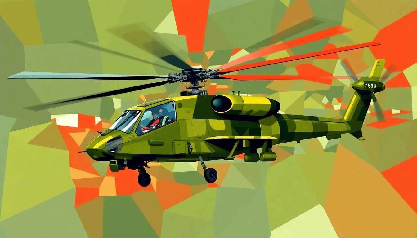 A fractured, abstract painting of an AH-64 Apache helicopter in flight, with overlapping geometric forms in shades of green, gray, and red, conveying a sense of speed and motion.